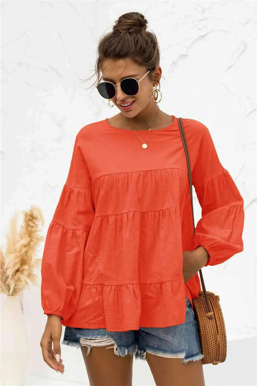 Round Neck Bubble Sleeve Tiered Blouse Blouses - Tophatter Daily Deals