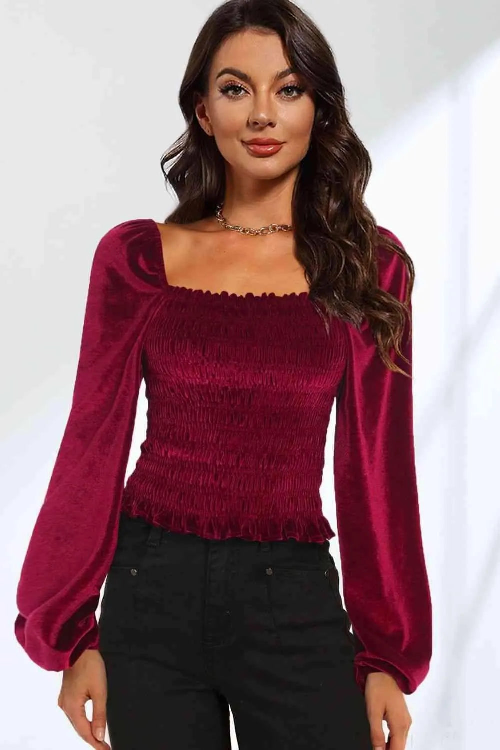 Double Take Smocked Square Neck Long Sleeve Blouse Wine Blouses - Tophatter Daily Deals