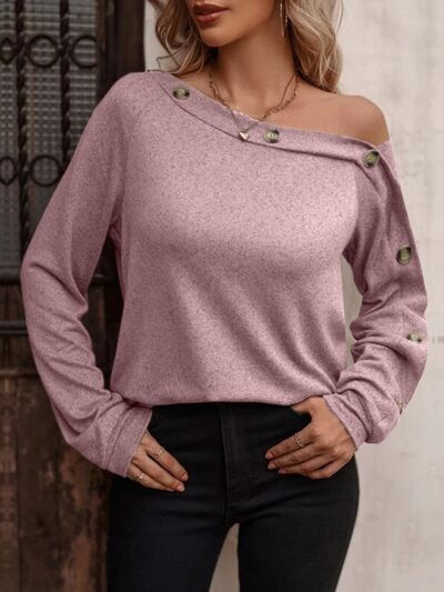 Decorative Button One Shoulder T-Shirt Light Mauve Women's T-Shirts - Tophatter Daily Deals