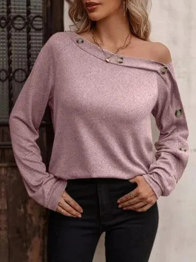 Decorative Button One Shoulder T-Shirt Light Mauve Women's T-Shirts - Tophatter Daily Deals