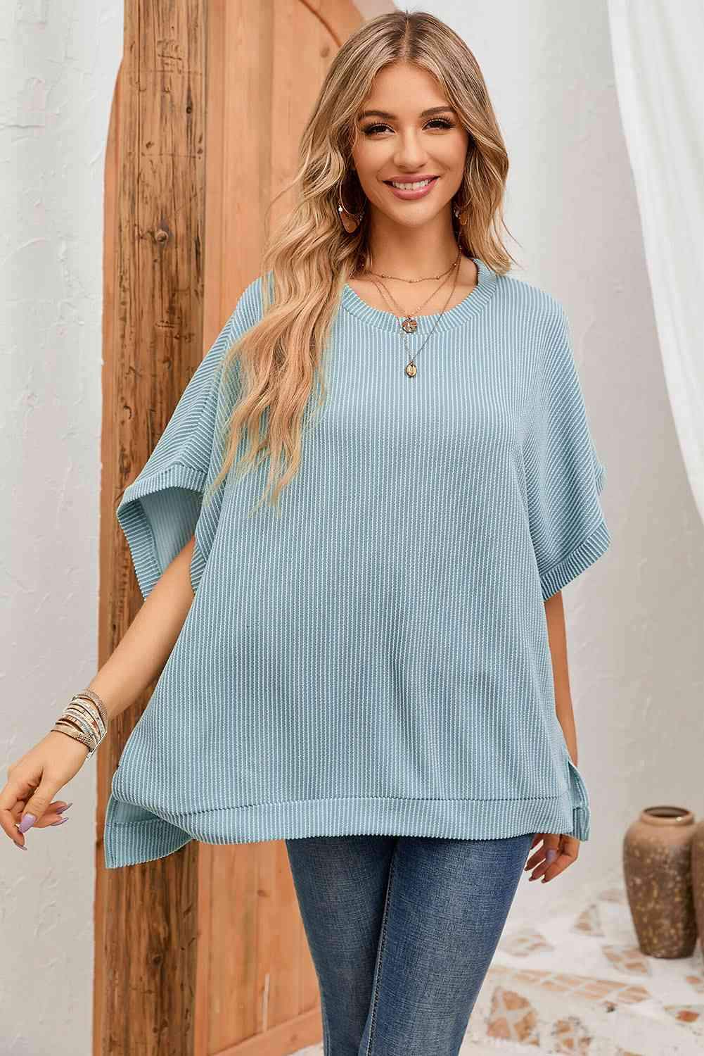 Double Take Full Size Round Neck Ribbed Slit Tunic Top Blouses - Tophatter Daily Deals