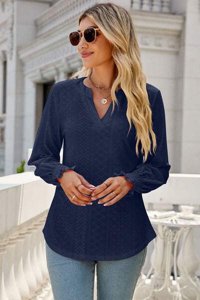 Eyelet Notched Lantern Sleeve T-Shirt Women's T-Shirts - Tophatter Daily Deals