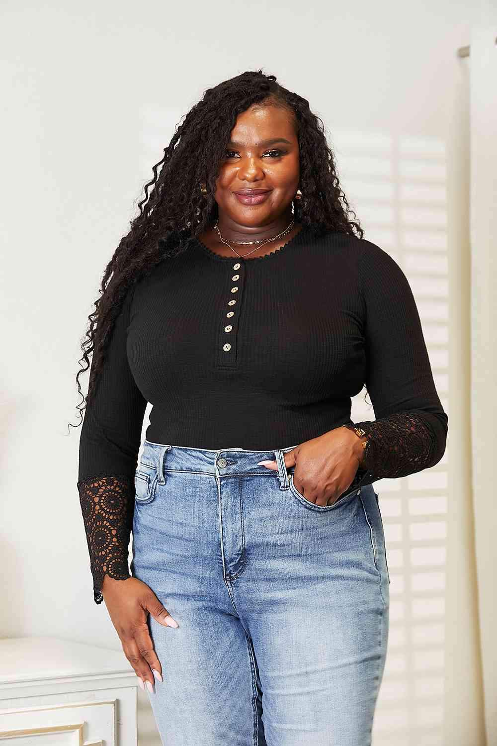 Double Take Crochet Lace Hem Sleeve Button Top Black Blouses - Tophatter Daily Deals