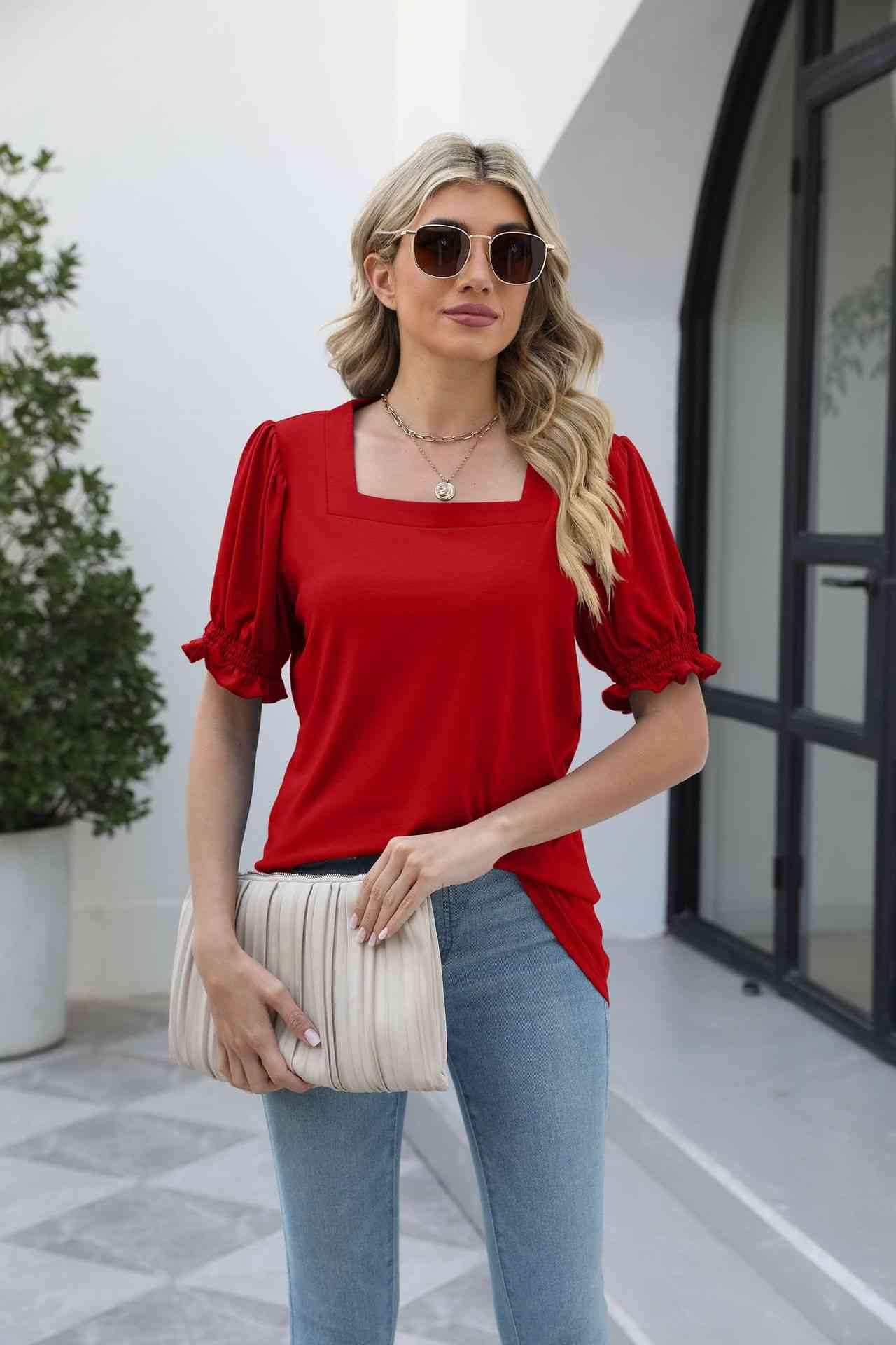 Square Neck Flounce Sleeve Top Blouses - Tophatter Daily Deals