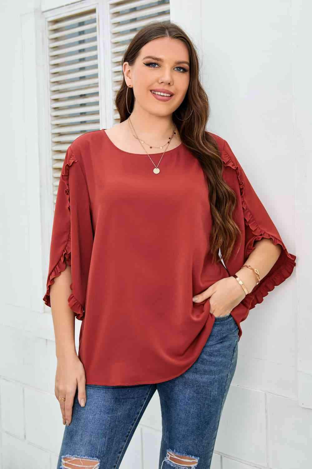 Plus Size Round Neck Frill Trim Blouse Blouses - Tophatter Daily Deals