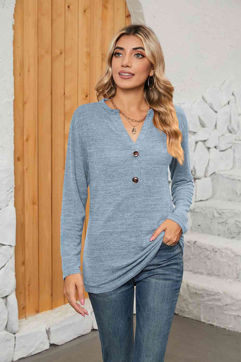 Notched Neck Long Sleeve T-Shirt Women's T-Shirts - Tophatter Daily Deals