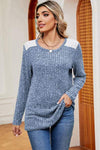 Eyelet Ribbed Round Neck Long Sleeve T-Shirt Dusty Blue Women's T-Shirts - Tophatter Daily Deals