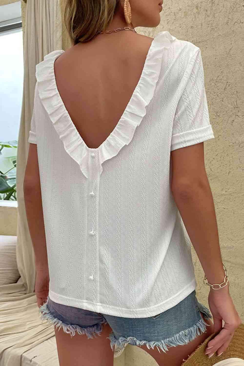 Round Neck Ruffled Short Sleeve Blouse White Blouses - Tophatter Daily Deals