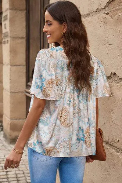 Printed Round Neck Short Sleeve Blouse Blouses - Tophatter Daily Deals
