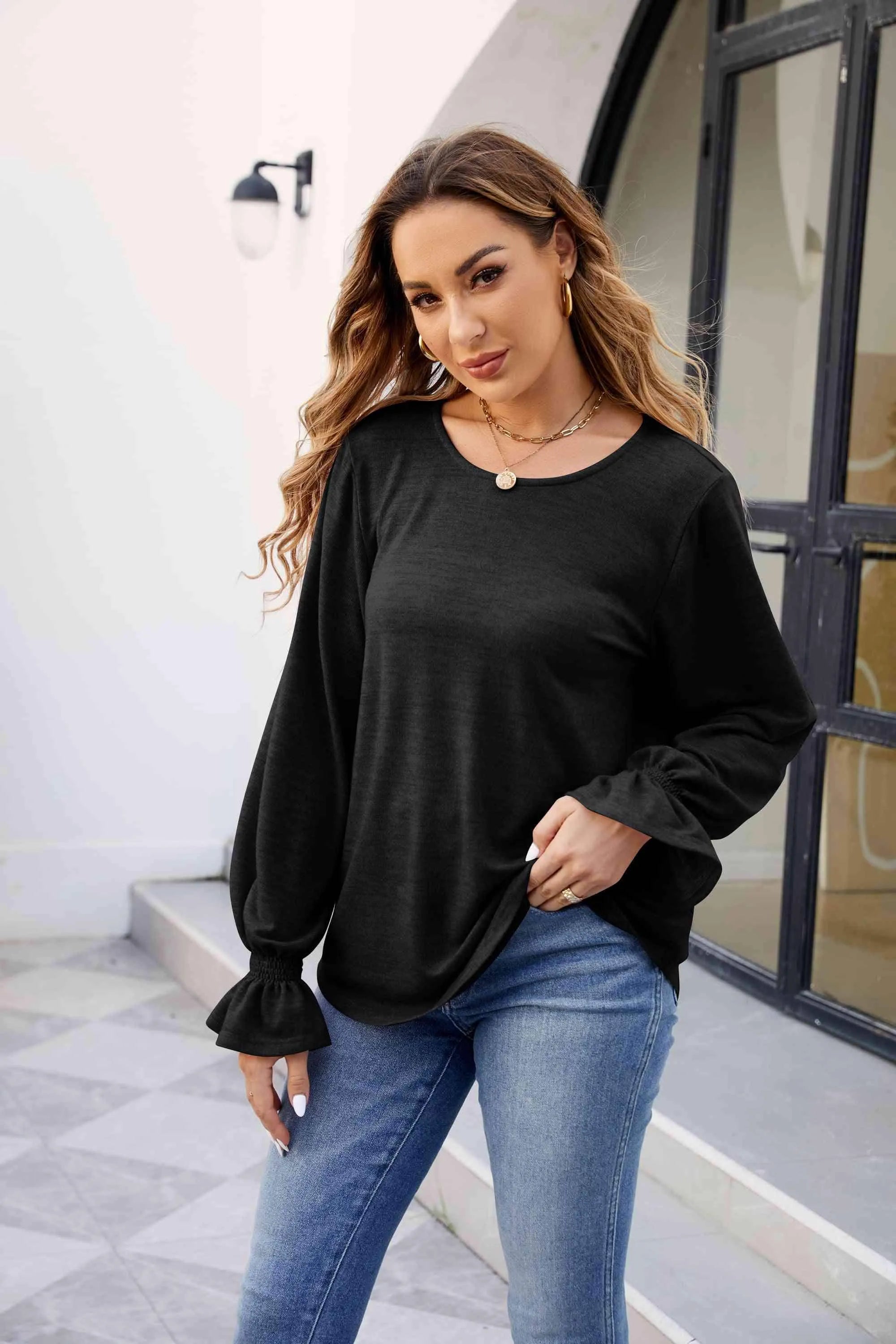 Round Neck Flounce Sleeve Blouse Blouses - Tophatter Daily Deals