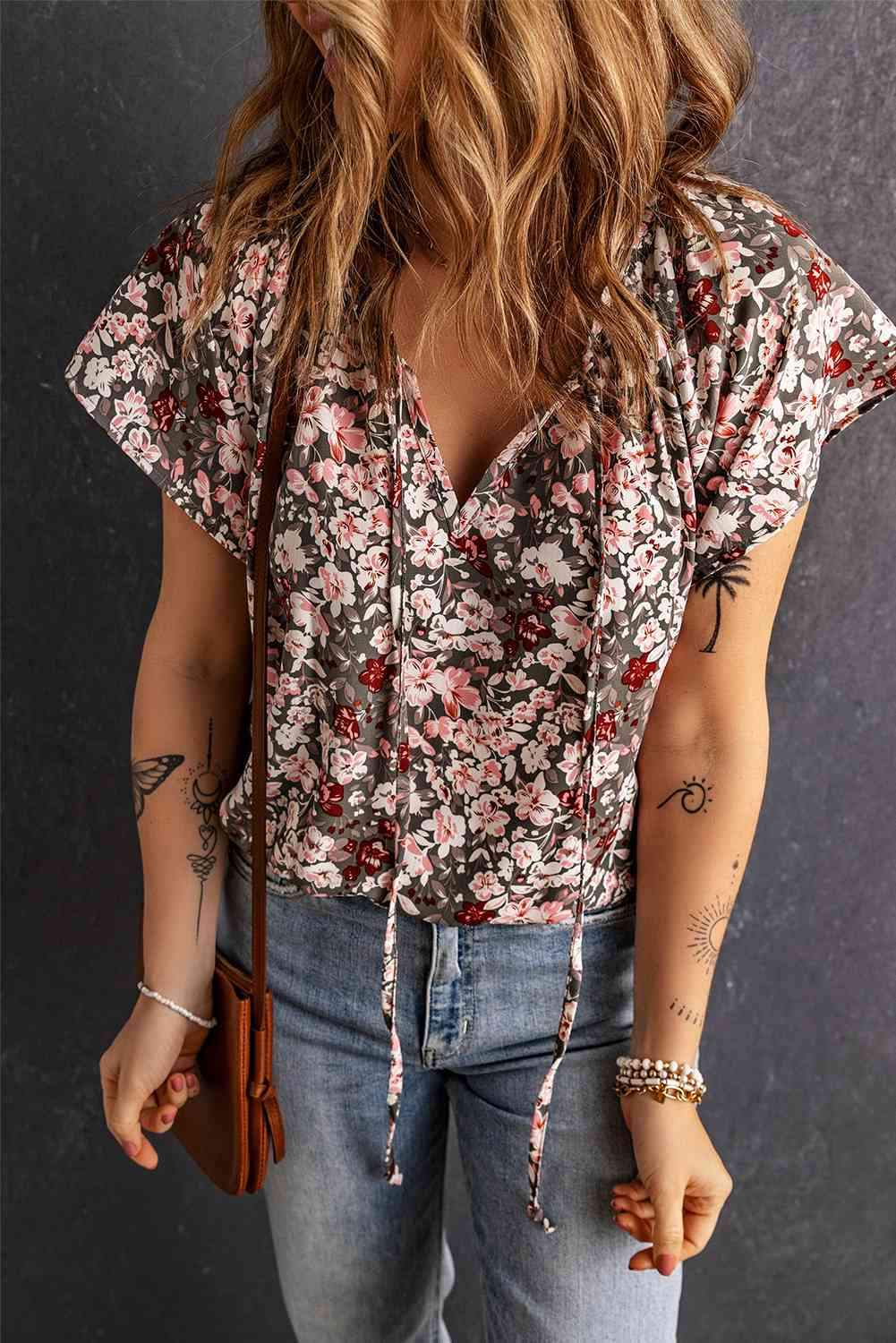 Floral Flutter Sleeve Tie-Neck Blouse Blouses - Tophatter Daily Deals