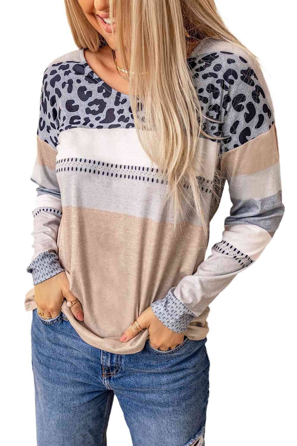 Leopard Color Block Drop Shoulder Top Women's T-Shirts - Tophatter Daily Deals