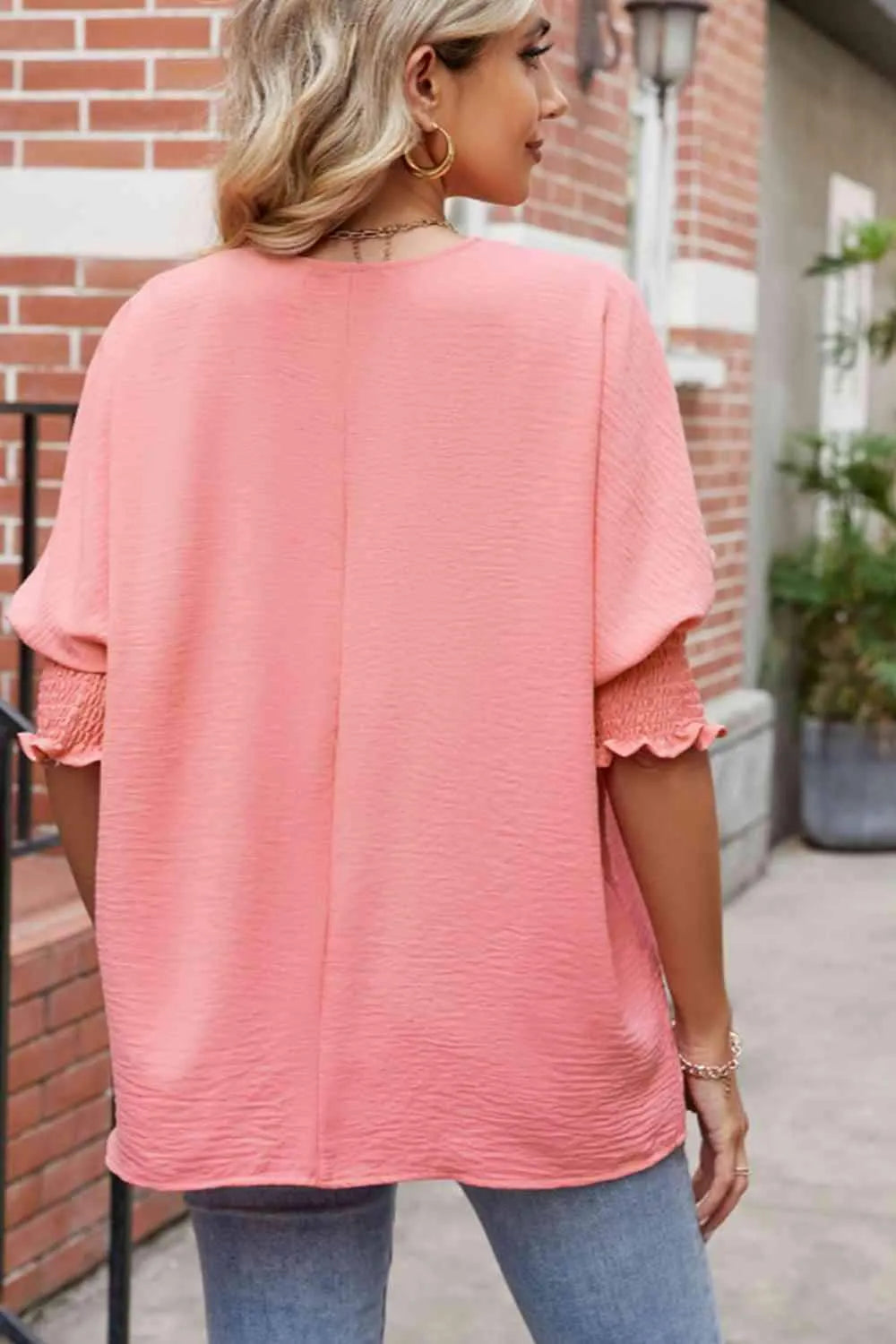 Round Neck Smocked Lantern Sleeve Blouse Blouses - Tophatter Daily Deals