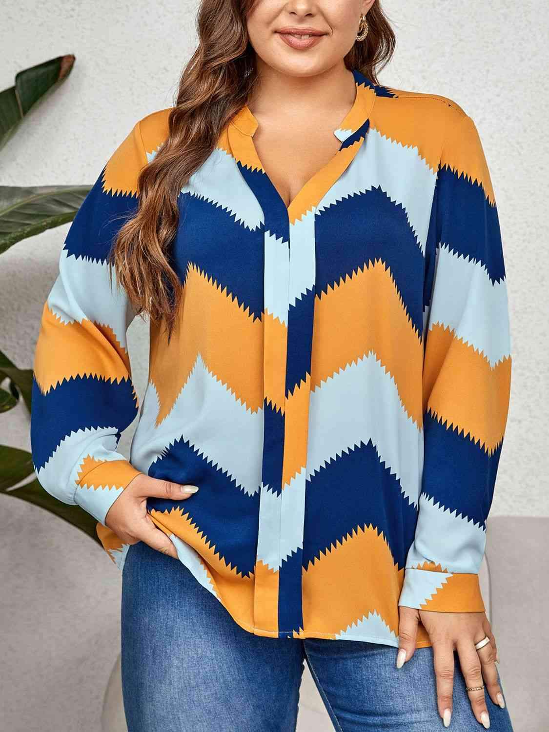 Plus Size Printed Notched Neck Long Sleeve Blouse Blouses - Tophatter Daily Deals