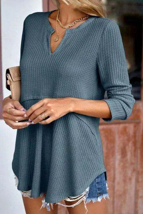 Waffle-Knit Notched Long Sleeve Blouse Blouses - Tophatter Daily Deals