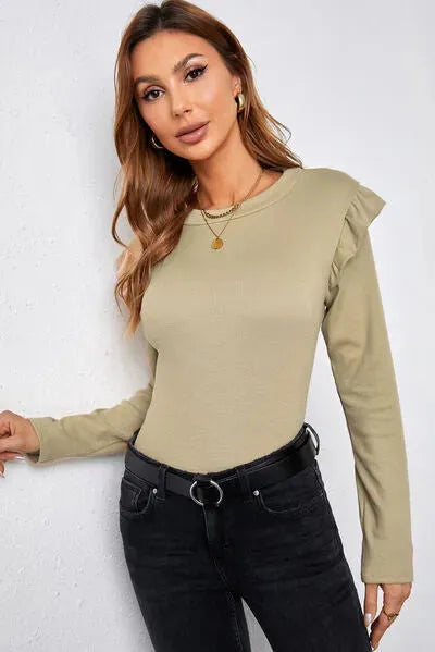 Ruffled Round Neck Long Sleeve T-Shirt Pastel Yellow Women's T-Shirts - Tophatter Daily Deals