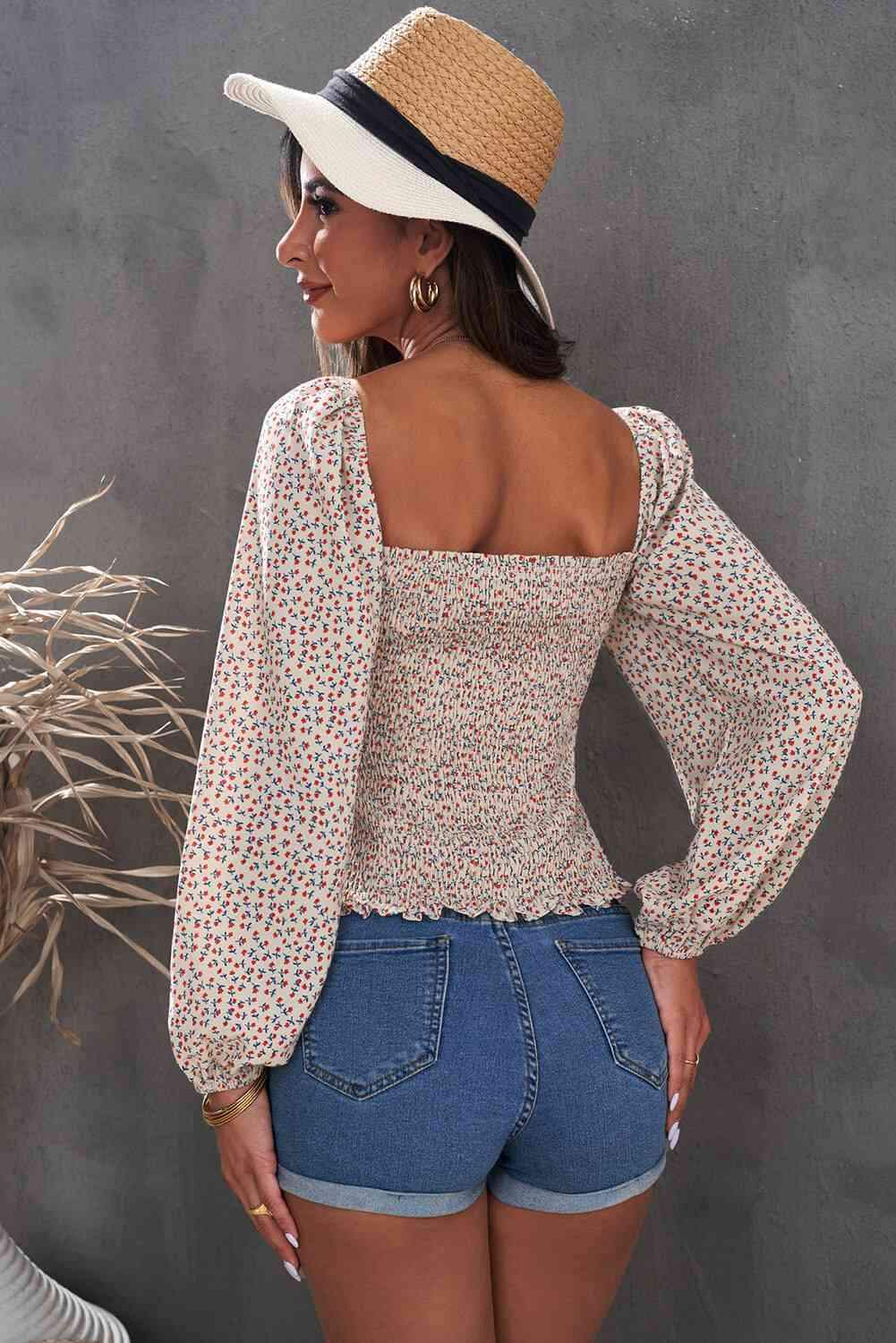 Floral Smocked Balloon Sleeve Top Blouses - Tophatter Daily Deals