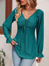 Tie Front V-Neck Puff Sleeve Blouse Blouses - Tophatter Daily Deals