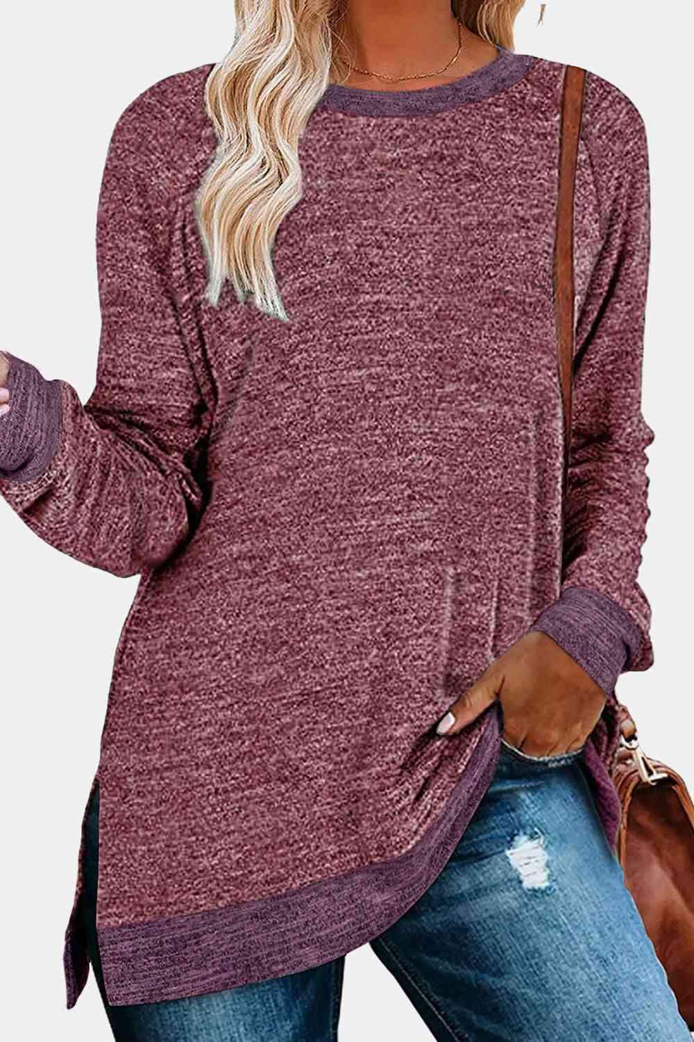 Round Neck Long Sleeve Slit T-Shirt Women's T-Shirts - Tophatter Daily Deals