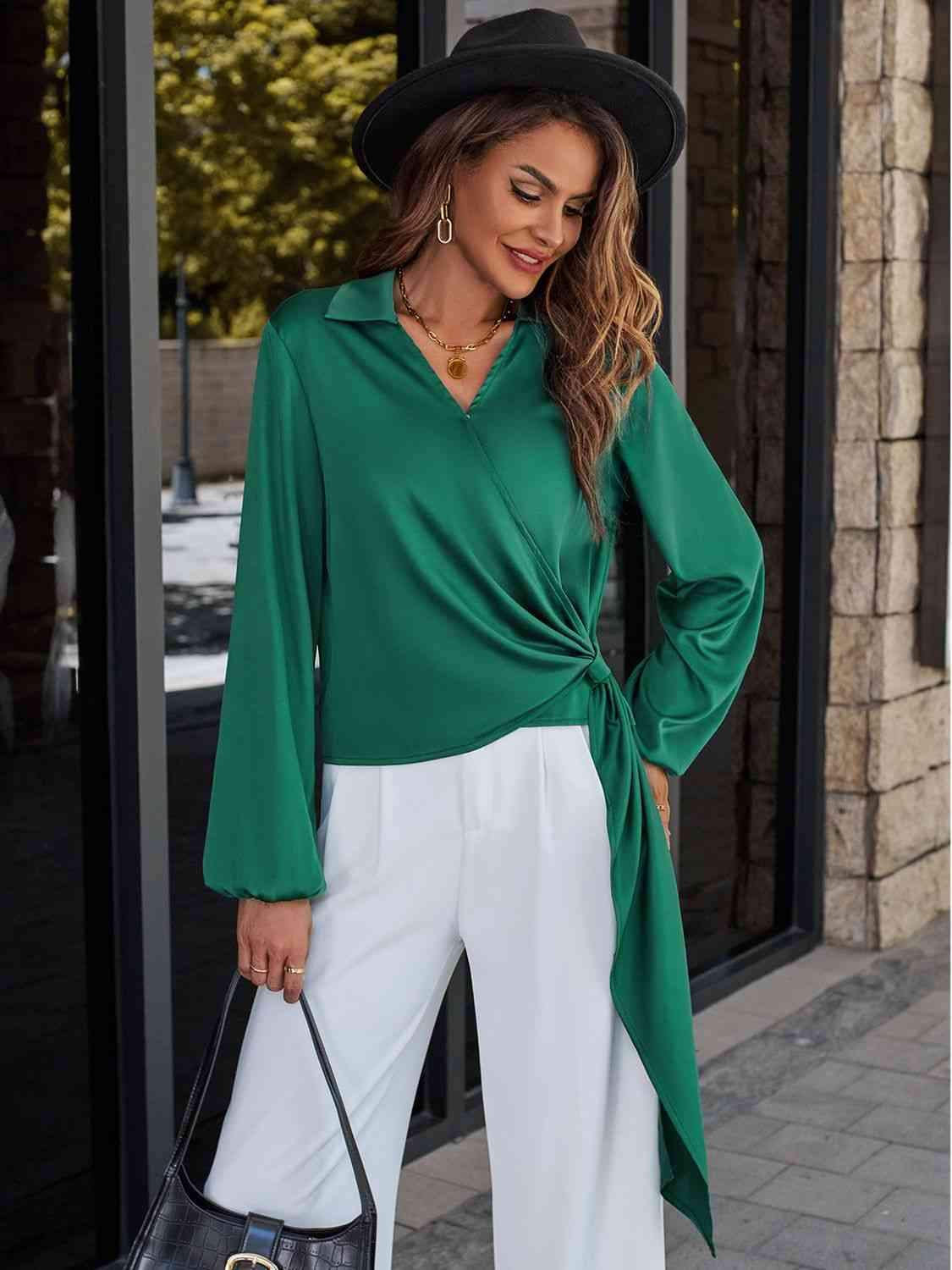 Surplice Neck Long Sleeve Blouse Blouses - Tophatter Daily Deals