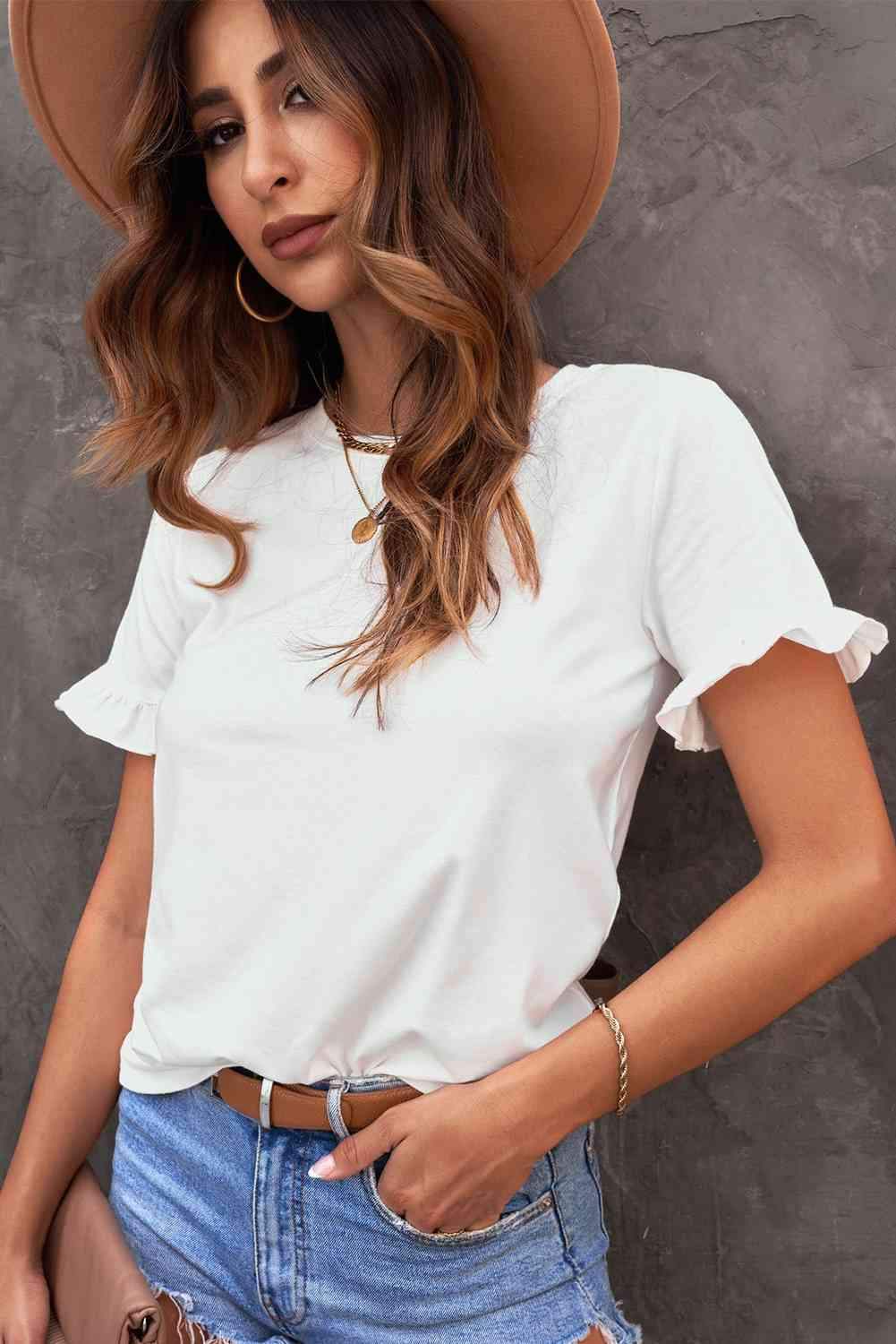 Flounce Cuff Crewneck T-shirt Women's T-Shirts - Tophatter Daily Deals