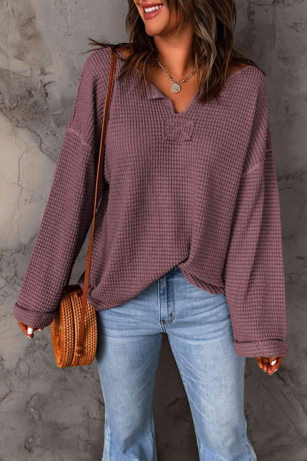 Notched Neck Drop Shoulder Blouse Blouses - Tophatter Daily Deals