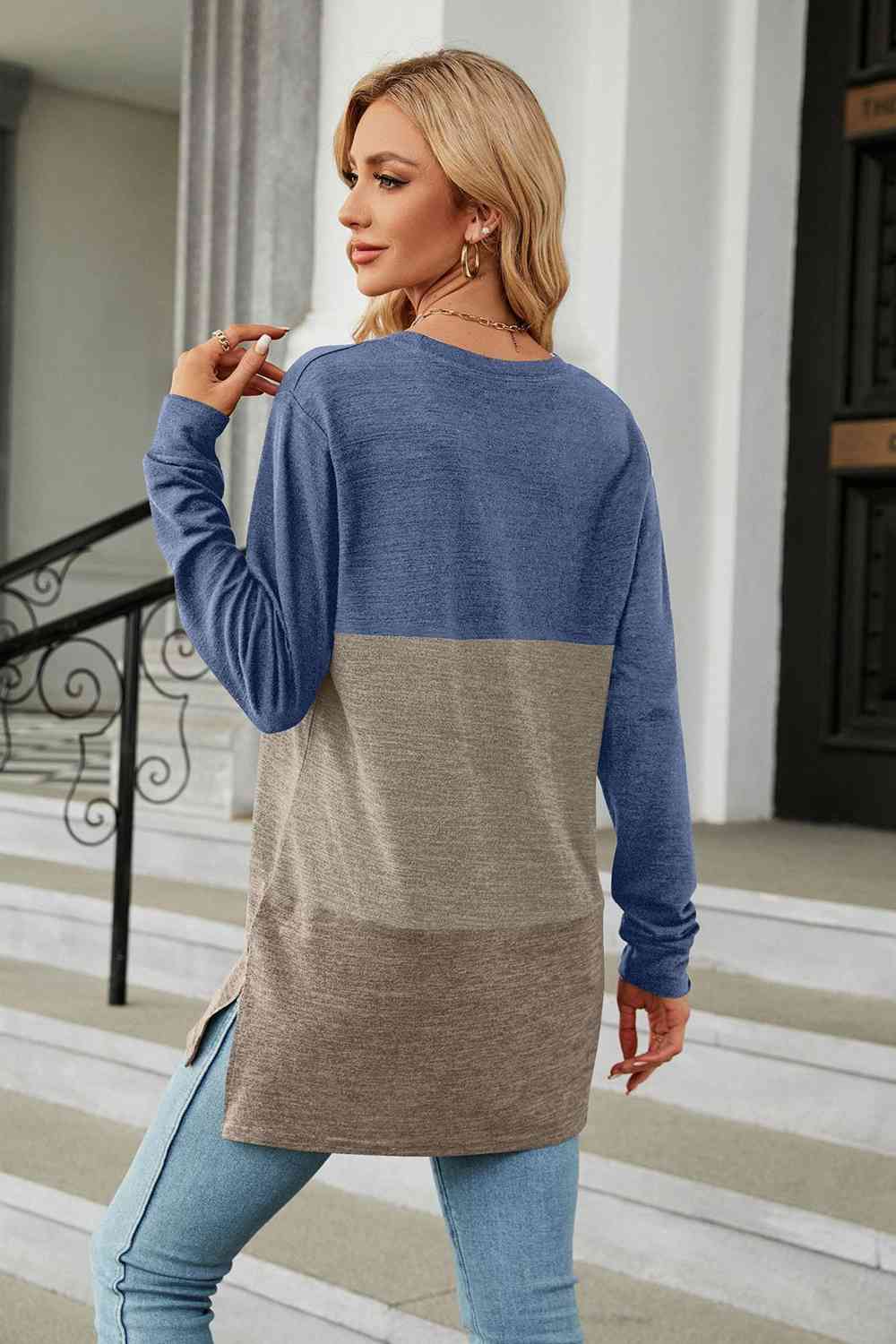 Color Block Round Neck Long Sleeve Slit T-Shirt Women's T-Shirts - Tophatter Daily Deals