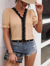 Contrast V-Neck Flounce Sleeve Blouse Blouses - Tophatter Daily Deals