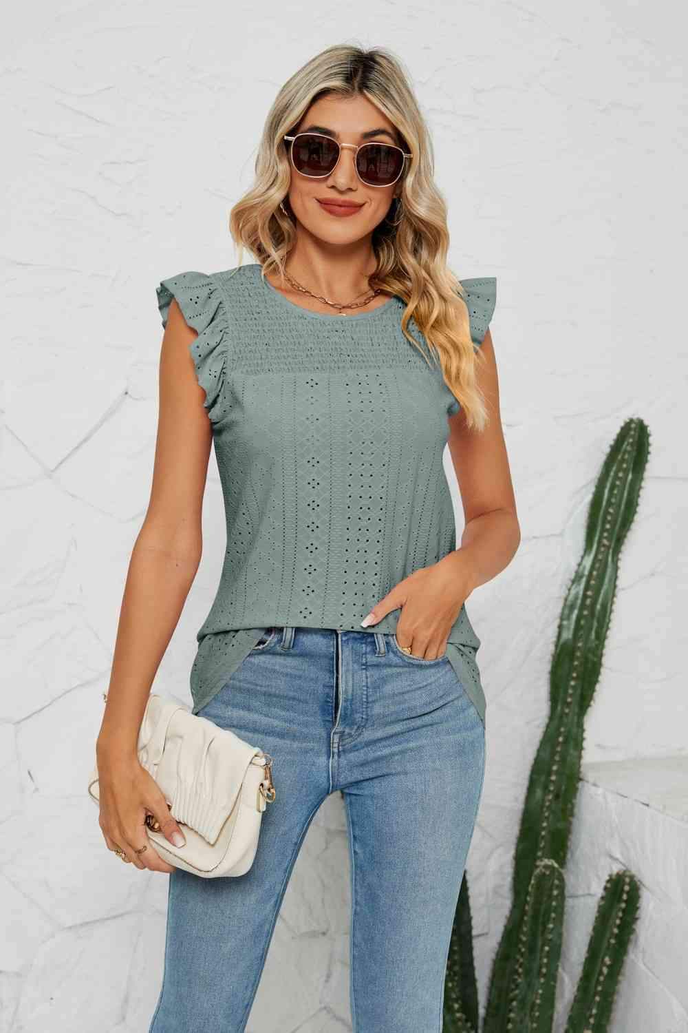 Smocked Round Neck Eyelet Top Blouses - Tophatter Daily Deals