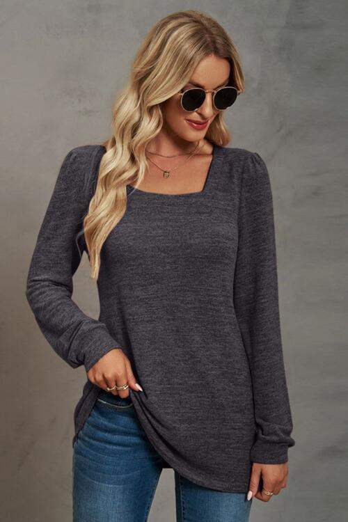 Square Neck Puff Sleeve T-Shirt Charcoal Women's T-Shirts - Tophatter Daily Deals