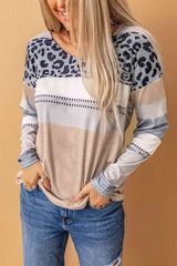 Leopard Color Block Drop Shoulder Top Gray Khaki Women's T-Shirts - Tophatter Daily Deals