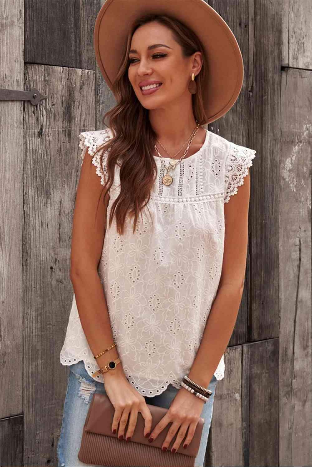 Sleeveless Eyelet Tank Top White Blouses - Tophatter Daily Deals