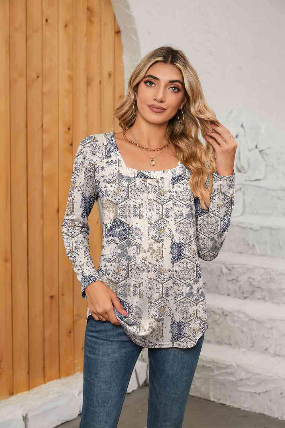 Printed Square Neck Long Sleeve Blouse Beige Blouses - Tophatter Daily Deals