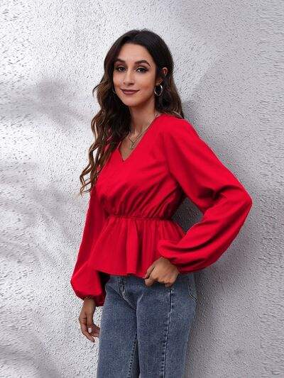 V-Neck Balloon Sleeve Peplum Blouse Blouses - Tophatter Daily Deals