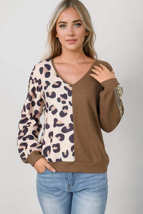 Leopard V-Neck Waffle-Knit Top Blouses - Tophatter Daily Deals