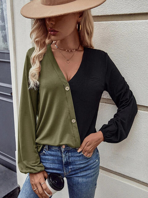 Two Tone V Neck Balloon Sleeve Top Moss Women's T-Shirts - Tophatter Daily Deals