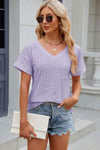 Eyelet V-Neck Short Sleeve T-Shirt Women's T-Shirts - Tophatter Daily Deals