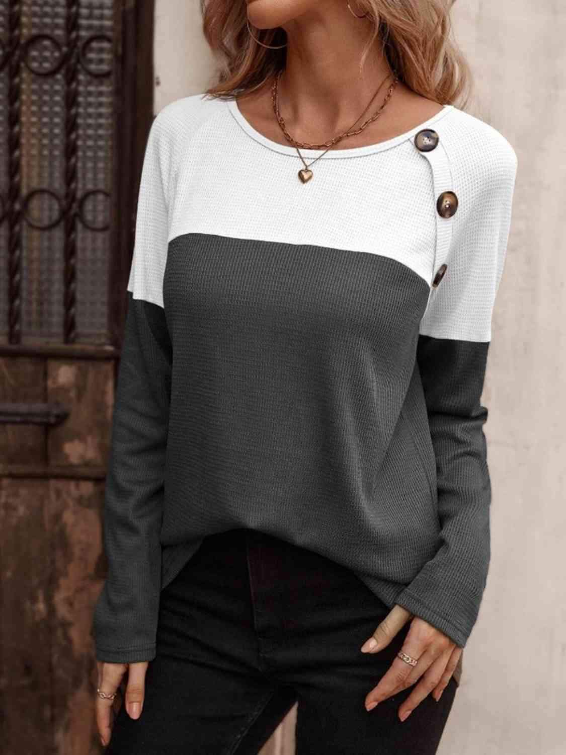 Contrast Round Neck Long Sleeve T-Shirt Women's T-Shirts - Tophatter Daily Deals