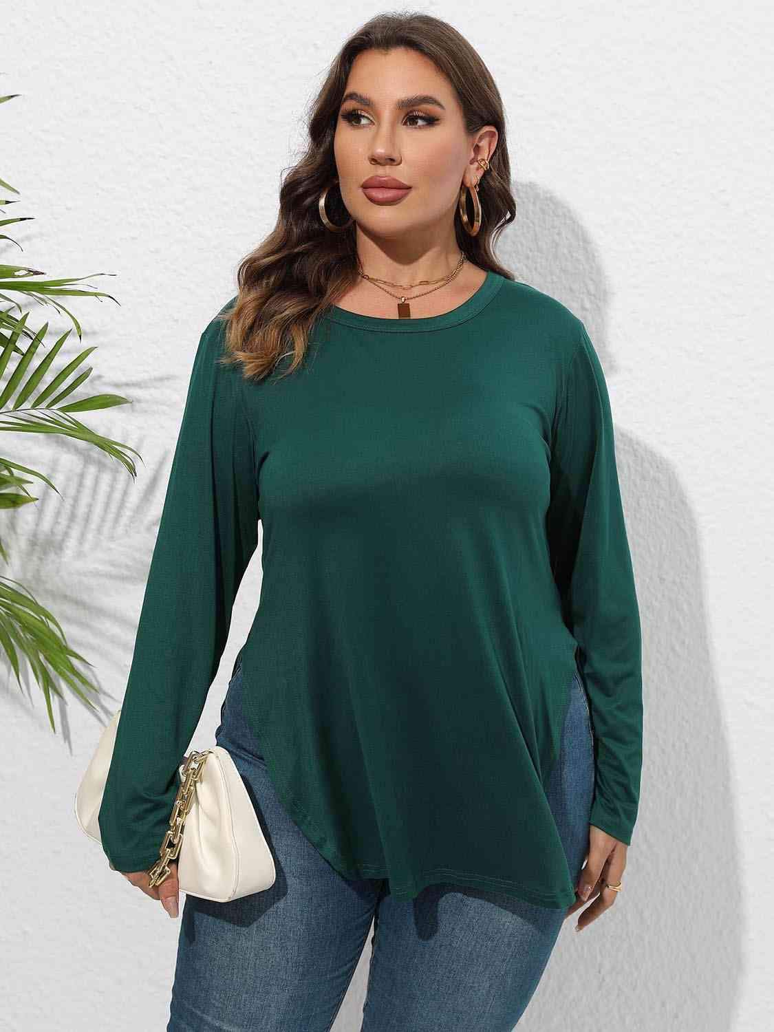 Plus Size Round Neck Long Sleeve Slit T-Shirt Women's T-Shirts - Tophatter Daily Deals