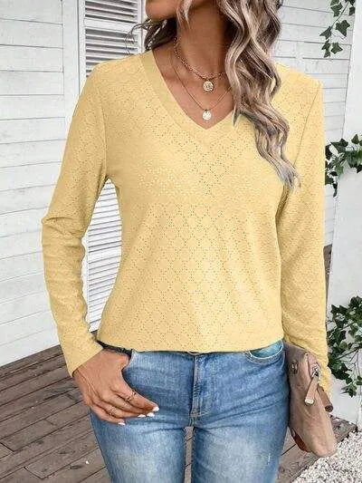 Eyelet V-Neck Long Sleeve T-Shirt True Yellow Women's T-Shirts - Tophatter Daily Deals