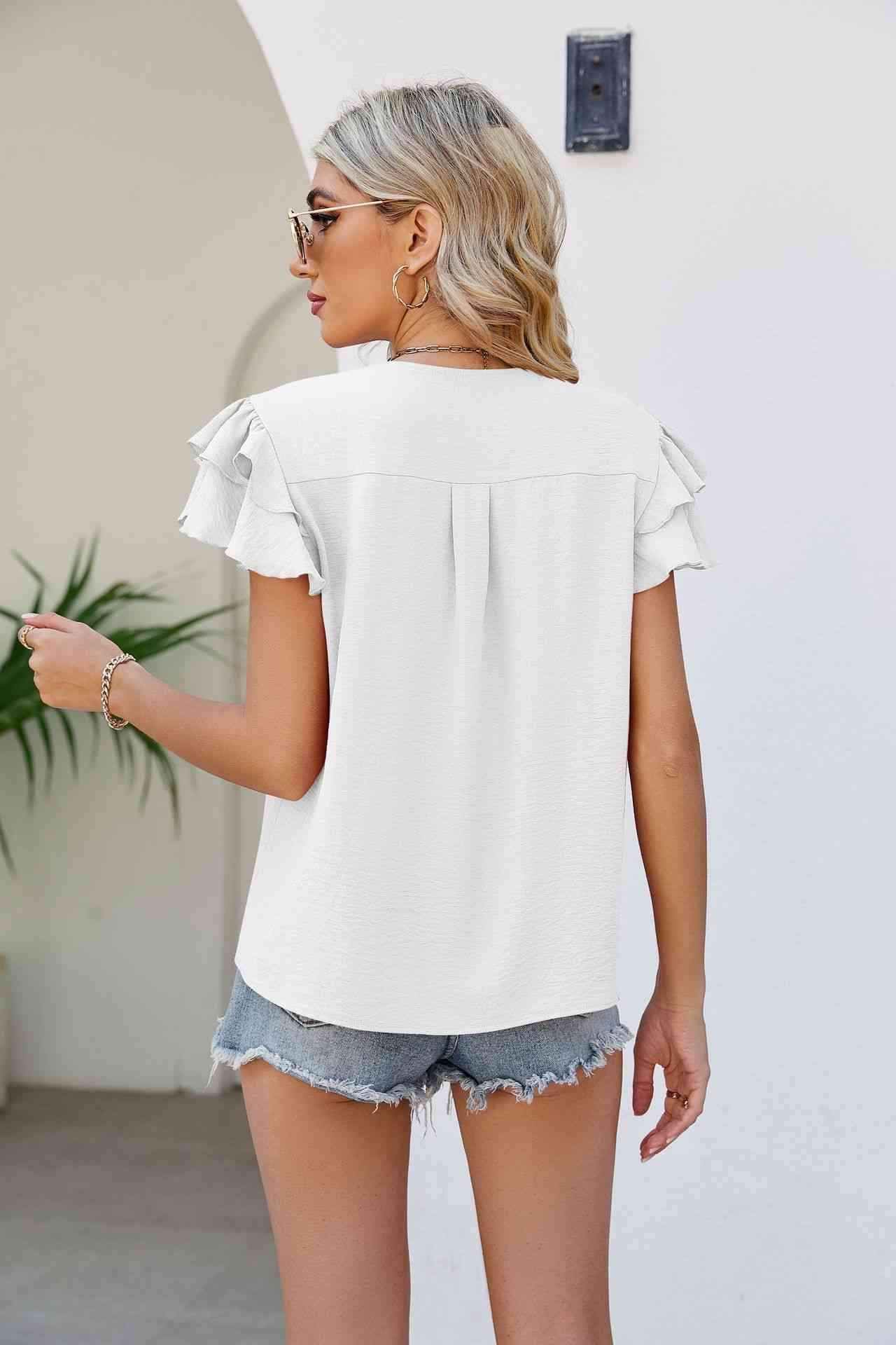 V-Neck Layered Flutter Sleeve Top Blouses - Tophatter Daily Deals