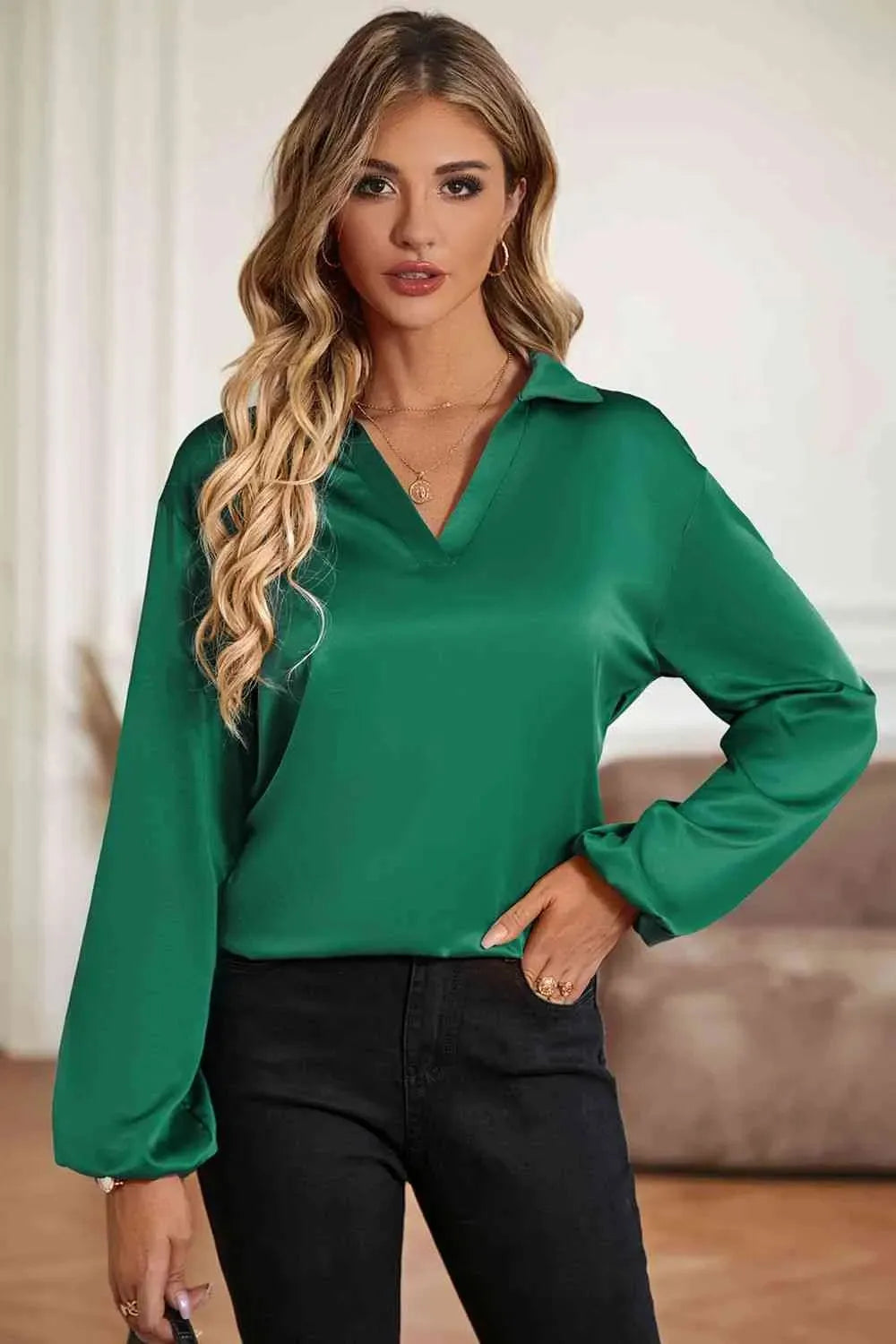 Johnny Collar Lantern Sleeve Blouse Blouses - Tophatter Daily Deals