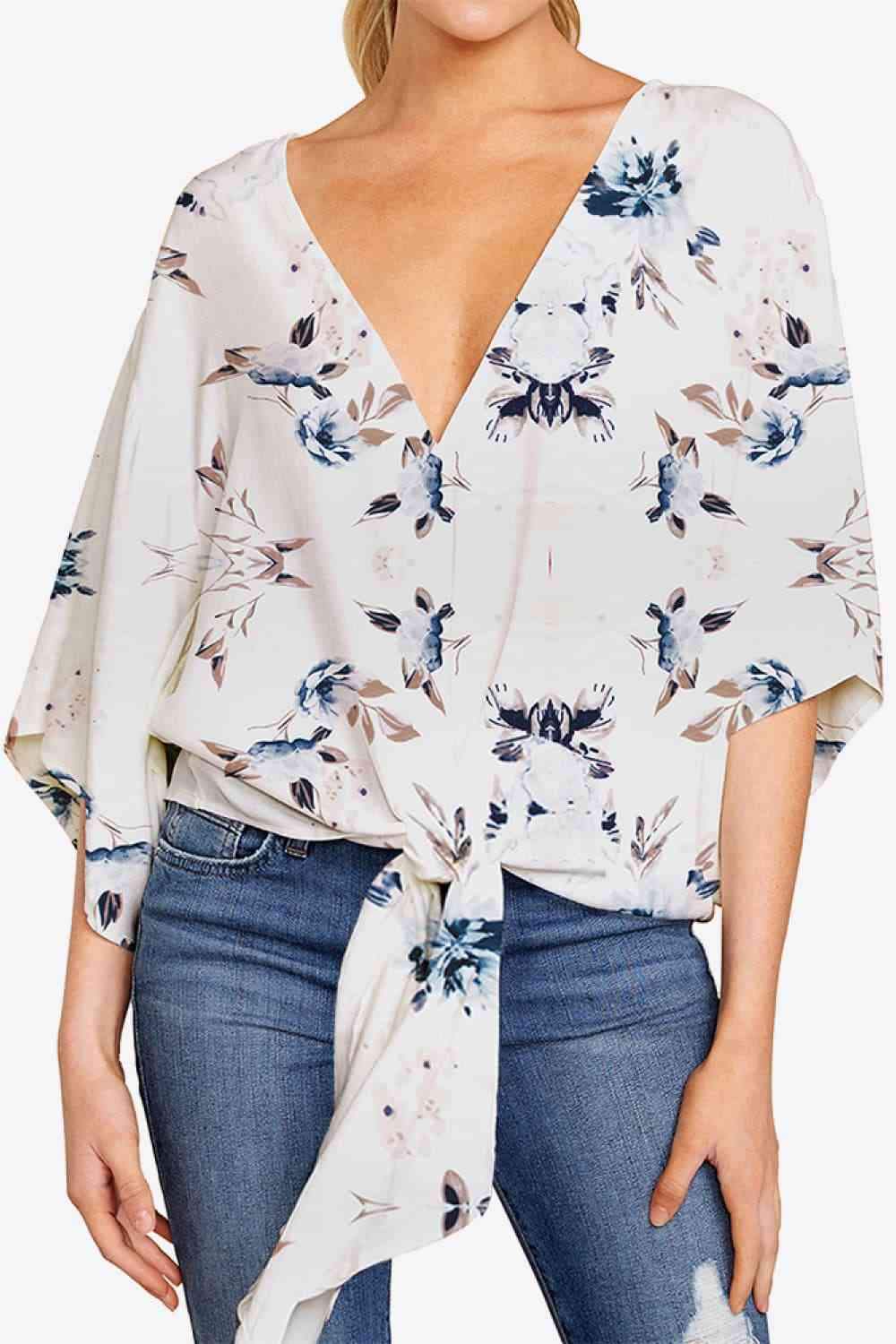 Printed Deep V Tie Hem Blouse White Blouses - Tophatter Daily Deals