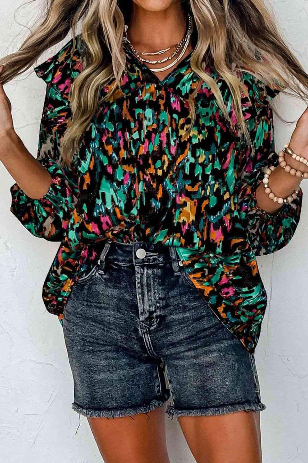 Printed Nochted Neck Ruffled Blouse Black Blouses - Tophatter Daily Deals