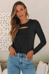 Metallic Cutout Round Neck Long Sleeve Top Black Women's T-Shirts - Tophatter Daily Deals