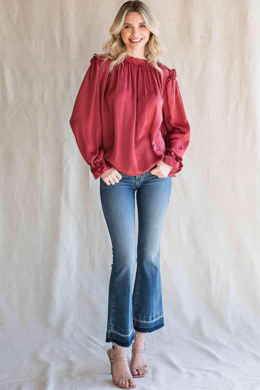 Frilled Neck Long Flounce Sleeve Blouse Blouses - Tophatter Daily Deals