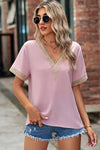 Openwork V-Neck Short Sleeve T-Shirt Blush Pink Women's T-Shirts - Tophatter Daily Deals