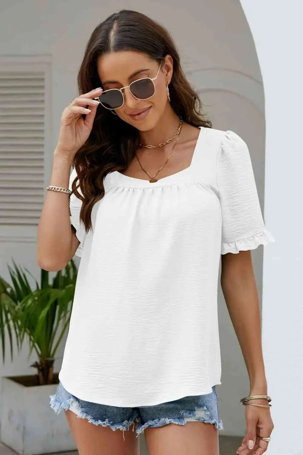 Frill Trim Puff Sleeve Square Neck Blouse White Blouses - Tophatter Daily Deals