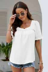 Frill Trim Puff Sleeve Square Neck Blouse White Blouses - Tophatter Daily Deals