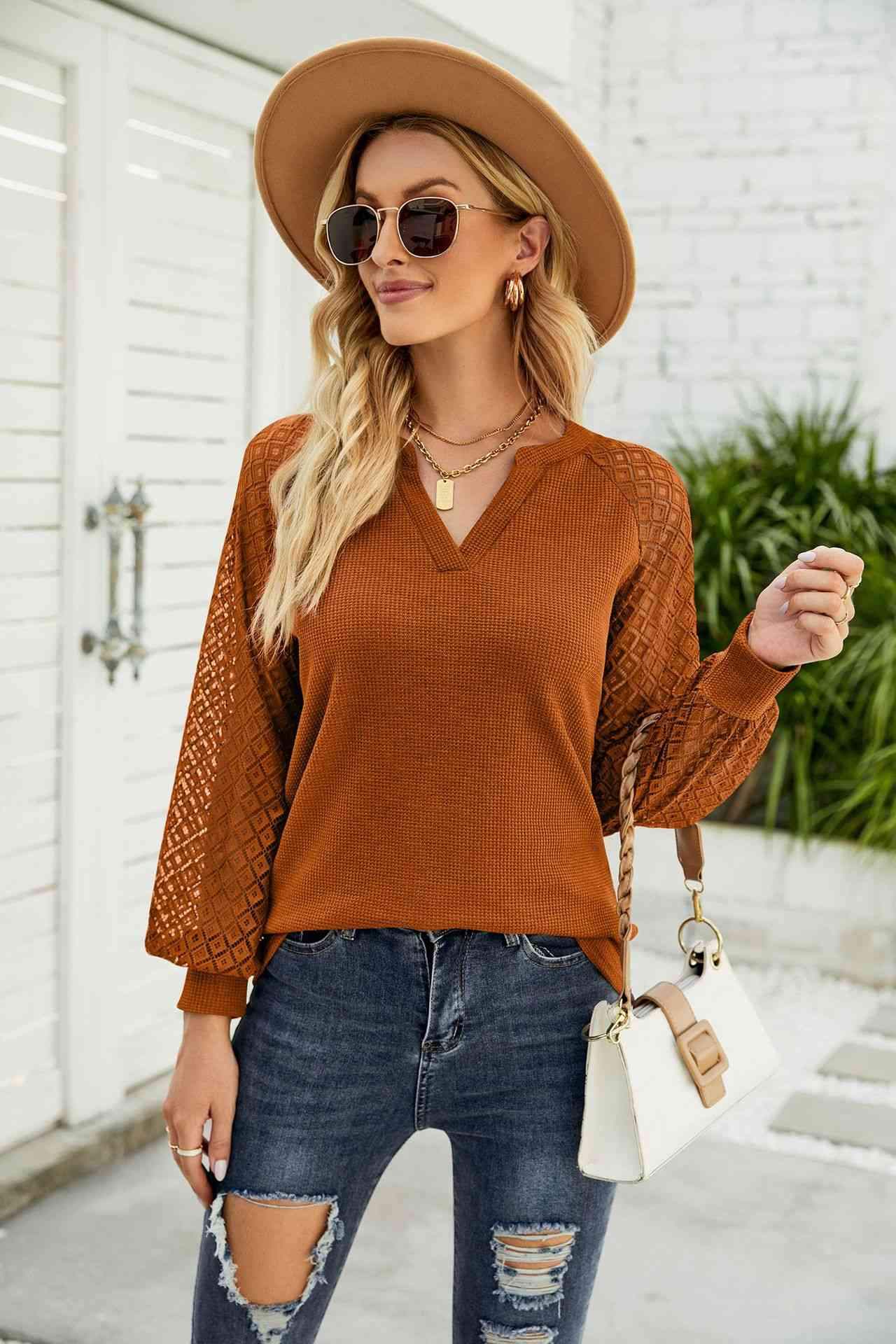 Waffle-Knit Spliced Lace Notched Top Blouses - Tophatter Daily Deals